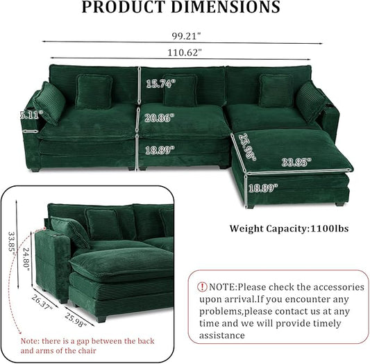 Gexpusm Modular Sectional Sofa,99" Couches for Living Room,Corduroy Sofa with Ottoman & Pillow,Cloud Sectional Couch with Cup Holders & USB,Side Pockets,3-Seat Corduroy Boneless Chair Indoor (Green)