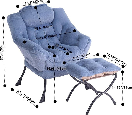 Tiita Lazy Chair with Ottoman, Modern Large Accent Lounge Armchair, Comfy Leisure Sofa Reading Chair with Footrest for Bedroom, Living Room, Dorm Rooms, Garden and Courtyard, Plush Light Blue