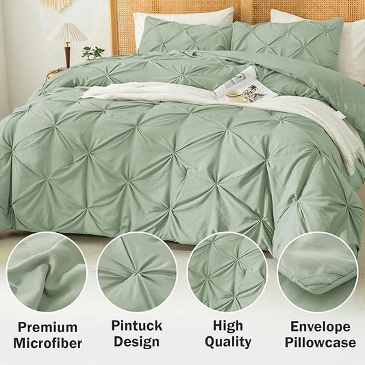 Andency Sage Green Comforter Queen Size, 3 Pieces Western Cute Pintuck Bedding Comforters & Sets for Queen Bed, All Season Solid Lightweight Soft Down Alternative Pinch Pleat Bed Set