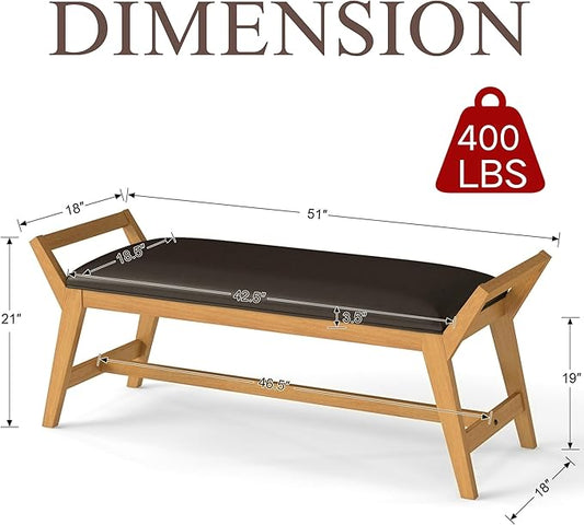 51" End of Bed Bench, Entryway Bench with Solid Wood Frame Fabric Ottoman Bench for Bedroom/Entry/Living Room, PU Leather Brown