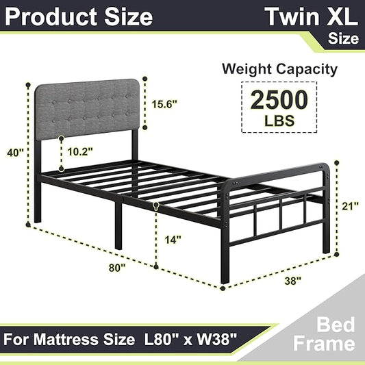 14 Inch Twin XL Bed Frame with Upholstered Headboard and Metal Footboard, XL Twin Platform Bed Frame with Strong Metal Slats Support, Under-Bed Storage, Noise Free, Easy Assembly