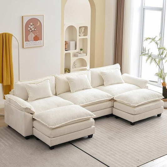120" Modular Sectional Sofa, Comfy Cloud Couch Sectional Sofa with Ottoman, Chenille Sofa Sleeper Deep Seat Sofa with Throw Pillows for Living Room (Beige White, 120"- U Shape)