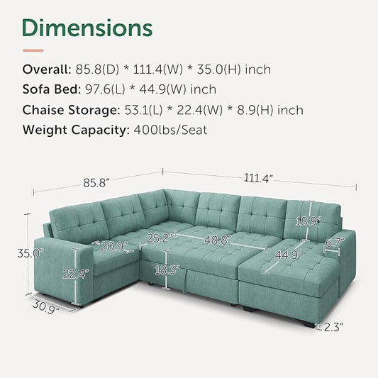 HONBAY Sectional Sleeper Sofa Bed, Sleeper Couch with Pullout Bed, Sectional Couch with Storage Chaise for Living Room, Blue