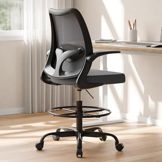 Drafting Chair,Tall Office Chair with Adjustable Footrest Ring,Lumbar Support,Ergonomic High Desk Seat,Flip-Up Armrests,Breathable Mesh Standing Stool for Home Office,Grey