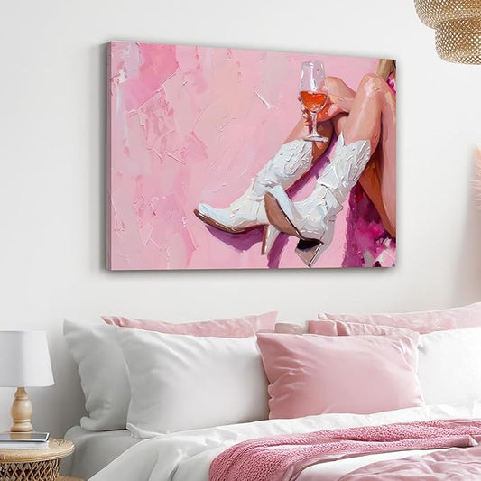 Cowgirl Boots Wall Art Coastal Cowgirl Wall Decor Aesthetic Cowboy Boots with Wine Glass Picture Pink Cowgirl Western Aesthetic Decor Trendy Preppy Girls Room Decor for Bedroom Dorm Framed 16 X 24 in