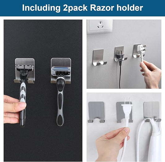 Diesisa Razor Holder for Shower + Adhesive Wall Hooks, Premium 304 Stainless Steel Shower Razor Holder with Heavy Duty Waterproof Sticky Hooks for Hanging Towels, Coat, hat (2+2 Pack)