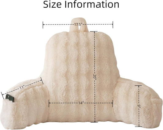 Yaoshuho Faux Fur Reading Pillow for Sitting in Bed, Large Backrest Bed Pillow with Arms, Back Support Pillow for Lounging Bedrest, Beige Dormly
