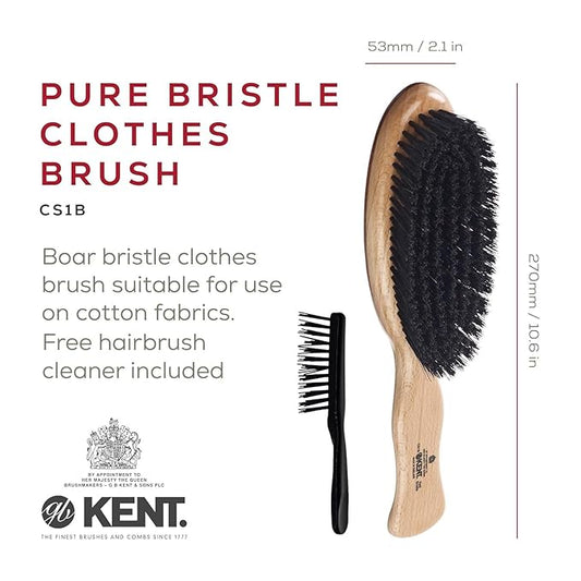 Kent CS1B Clothes Brush, Fabric Lint Remover for Cotton, Wool, Suede and Silk, Pure Black Bristles Handcrafted Two Tone Cherrywood Veneer Remover for Dust, Fluff and pet Hair. Made in England
