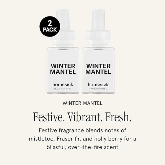 Pura & Homesick Home Scent Refill - Smart Home Air Diffuser - Up to 120-Hours of Luxury Fragrance per Refill - Home Essential - Clean & Safe Diffuser Fragrance - 2 Pack, Winter Mantel
