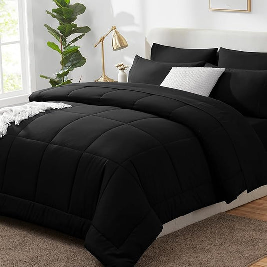 CozyLux Oversized Queen Comforter Sets Black, 7 Pieces Bed in a Bag, Ultra-Soft All Season Bedding Sets with Stitch Quilted Comforter, Flat Sheet, Fitted Sheet, Pillowcases, Black