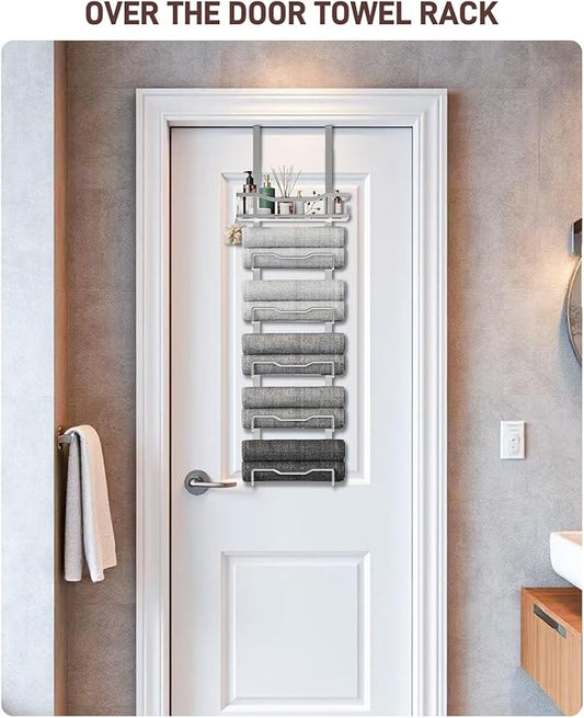 Hanging Towel Racks for Bathroom No Drill - Over The Door 6-Tier Bath Towel Storage Organizer for Small Bathrooms-Back Door Large Tiered Towel Holder Hanger for Rolled Towels RV Camper Silver