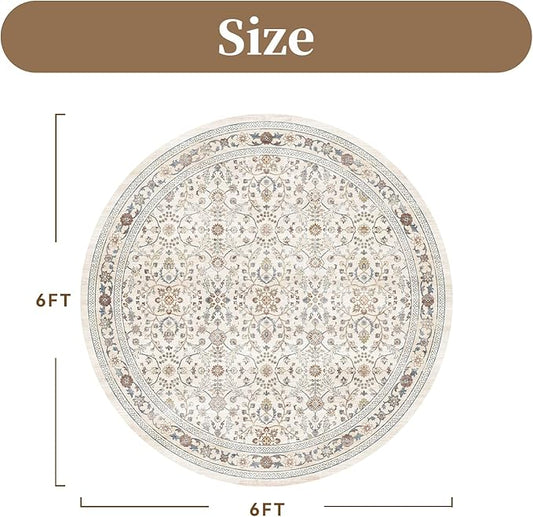 MontVoo-Vintage Area Rug 6X6 Beige Rugs for Living Room-Soft Distressed Printed Rugs for Bedroom-Non Slip Carpet-Machine Washable Rug for Dining Room Living Room Bedside Office