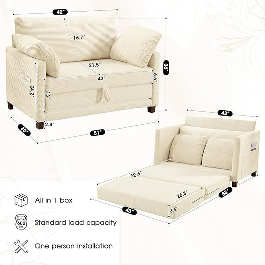 51" Convertible Loveseat Sofa Bed, 2-in-1 Folding Sofa Bed with 2 Pillow for Small Spaces, Modern Loveseat Sleeper Couch for Apartment, Living Room & Guest Room (Corduroy Beige, 51 inch)