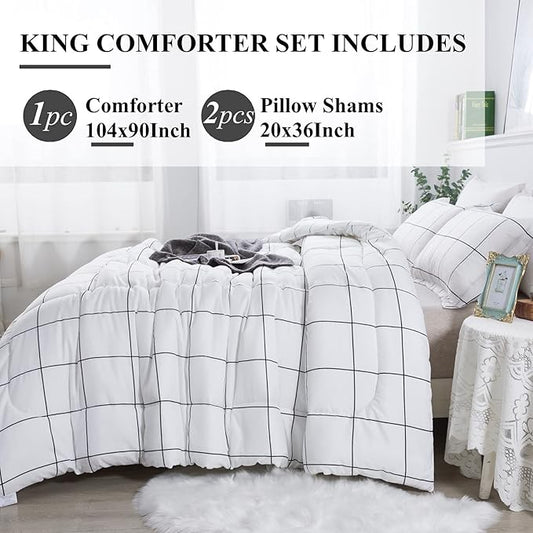 Andency White Grid Comforter Set King(104x90Inch), 3 Pieces (1 Plaid Comforter and 2 Pillowcases) White Plaid Comforter Set, Lightweight Microfiber Gingham Geometric Comforter Bedding Set