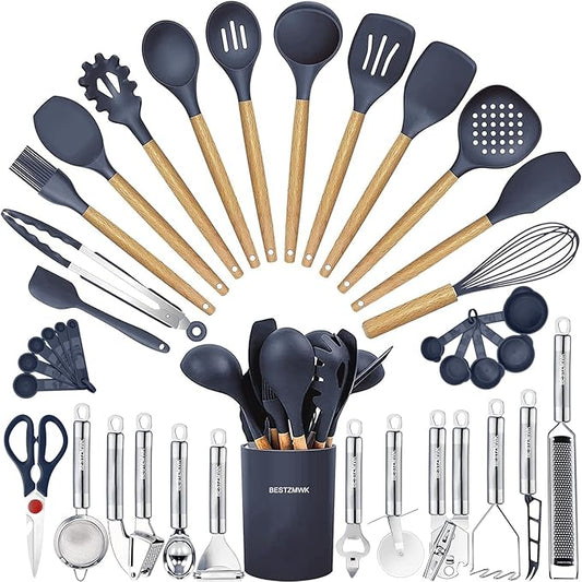 Cooking Utensils Set- 35 PCs Kitchen Utensils with Grater,Tongs, Spoon Spatula &Turner Made of Heat Resistant Food Grade Silicone and Wooden Handles Kitchen Gadgets Tools Set for Cookware