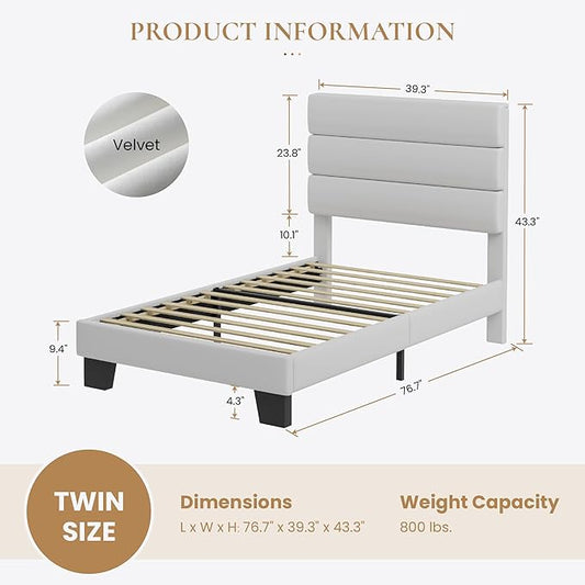 SHA CERLIN Twin Platform Bed Frame with Velvet Upholstered Headboard, Mattress Foundation with Strong Wooden Slats Support, No Box Spring Needed, White