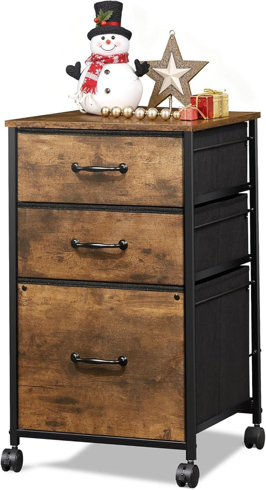 DEVAISE Mobile File Cabinet, Rolling Printer Stand with 3 Drawers, Fabric Vertical Filing Cabinet fits A4 or Letter Size for Home Office, Rustic Brown Wood Grain Print
