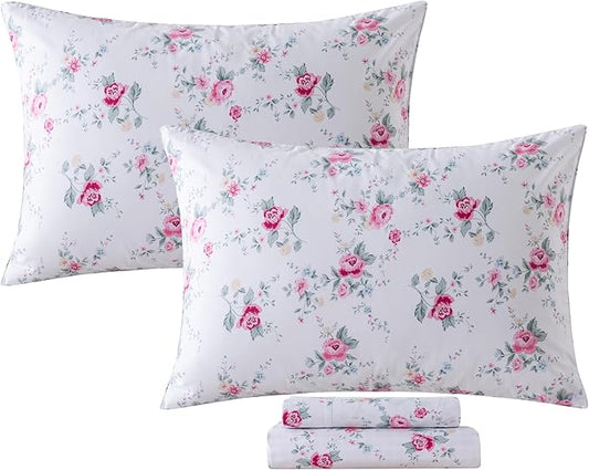 FADFAY Rose Sheets Set Queen Pink Floral Bedding Rustic Botanical Flower Bed Sheet Set Vintage Farmhouse Bedding 100% Cotton Soft Breathable Collection with Deep Pocket Fitted Sheet 4Pcs, Queen Size