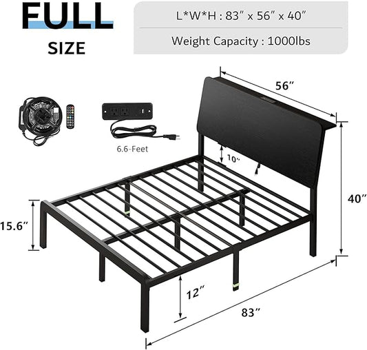 iPormis Full Size Metal Bed Frame with LED Lights & Charging Station, Platform Bed with Ergonomic Storage Headboard, Steel Slats Supports, No Box Spring Needed, Noise-Free, Easy Assembly, Black