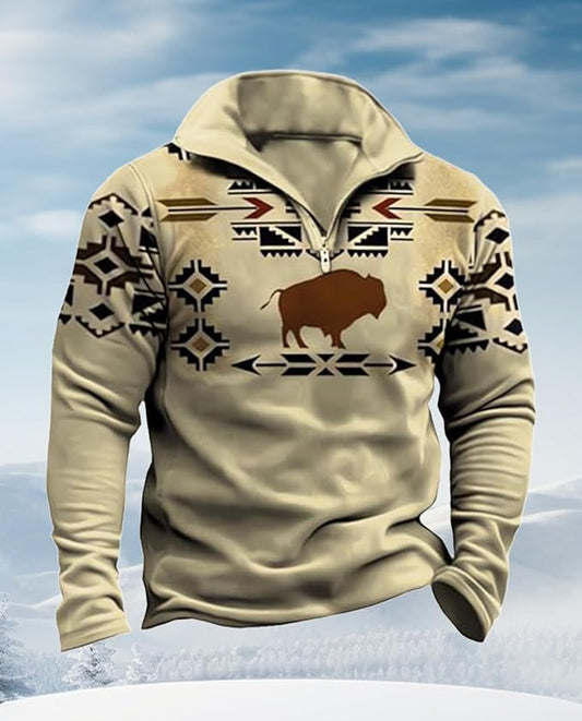 Western Sweatshirts for Men Aztec Cowboy Vintage Graphic Fleece Hoodie Mens Quarter Zip Pullover Country Jacket