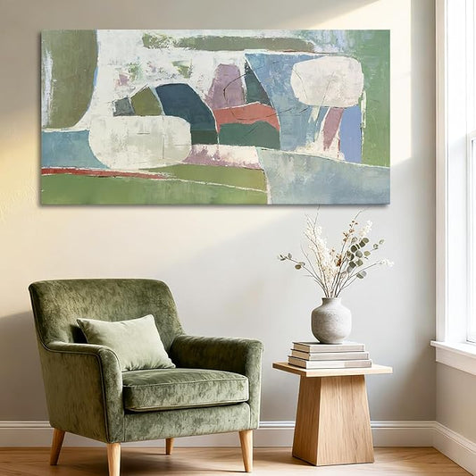 YETHEN WAL Sage Green Abstract Wall Art – 20×40 Minimalist Canvas Print, Soft Olive & Mist Blue Artwork for Living Room, Bedroom or Entryway Decor