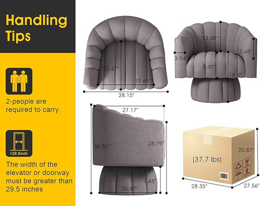 Accent Chair Mid Century 360 Degree Swivel Chair,Modern Lounge Sofa Round Barrel Chair with Wide Upholstered,Fluffy Velvet Fabric Chairs for Home Sofa Living Room/Bedroom/Waiting Room (Grey)