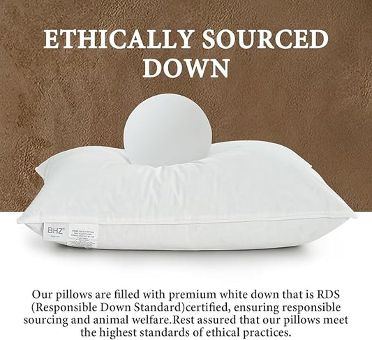 BHZ Goose Down Feather Pillows Queen Size - Hotel Collection Bed Pillows for Sleeping Soft Pillow for Side and Back Sleepers with 100% Cotton Fabric