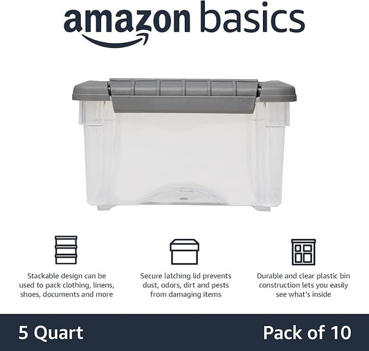 Amazon Basics Plastic Storage Containers with Secure Latching Lids, Stackable Organization Bins, Clear/Grey, 5 Quart, Set of 10