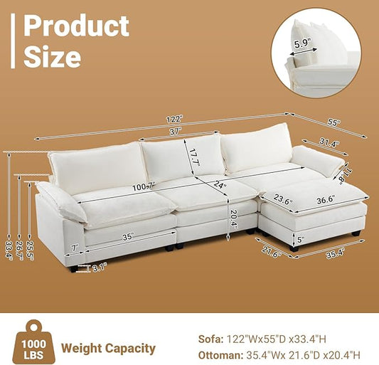 VINGLI 122" Cloud Double-Layer Deep Convertible Sectional Sofa, Comfy L-Shape 3-Seat Couches for Living Room, Modern Couch with Movable Ottoman for Small Space, White/Cream Chenille