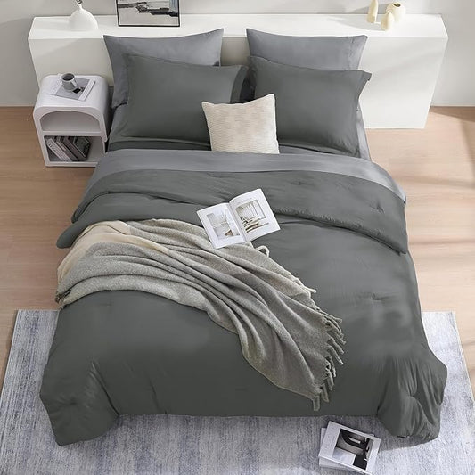 WRENSONGE King Size Comforter Set- 7 Pieces Soft Grey Bed in a Bag with Fitted Sheet, Flat Sheet, 2 Pillow Shams, and 2 Pillowcases- Warm Bedding Set for All Season