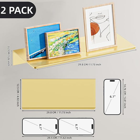 Metal Wall Shelves Set of 2, Brushed Gold Floating Shelf, 30CM Wall Decorative Shelf for Photos, Collectibles, Vases, Trinkets, Crafts, Trophy, etc. Shower Caddy