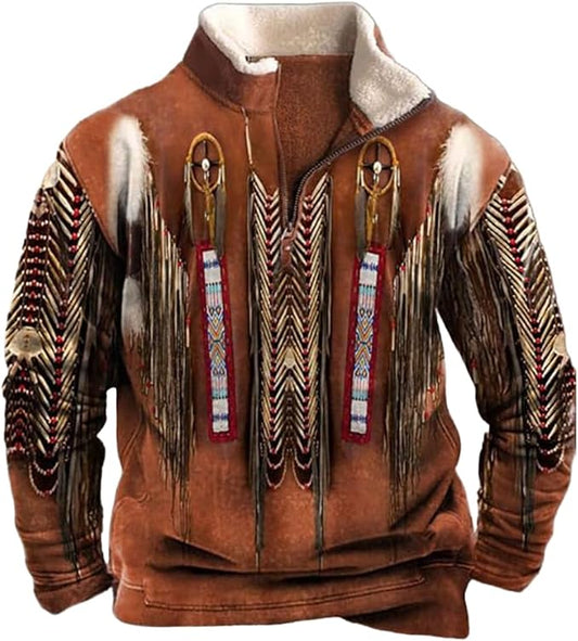 Western Sweatshirts for Men Aztec Cowboy Vintage Graphic Fleece Hoodie Mens Quarter Zip Pullover Country Jacket