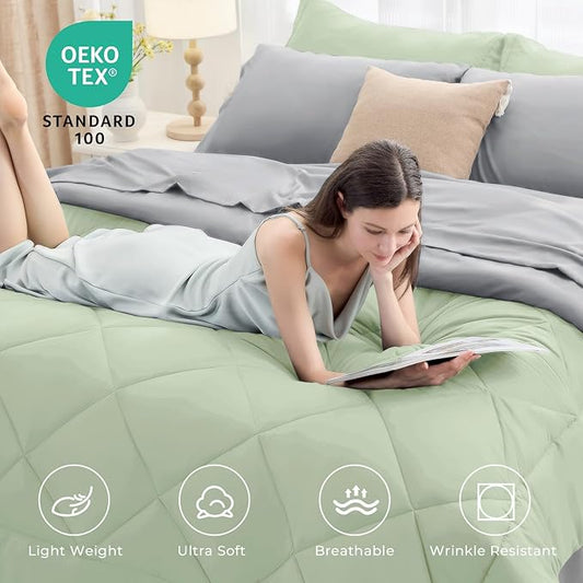 HEVUMYI King Comforter Set - 7-Piece All Season Bed in a Bag King, Ultra Soft Bedding Set with Comforter, Flat Sheet, Fitted Sheet, Pillowcases, Pillow Shams, Sage Green & Light Grey