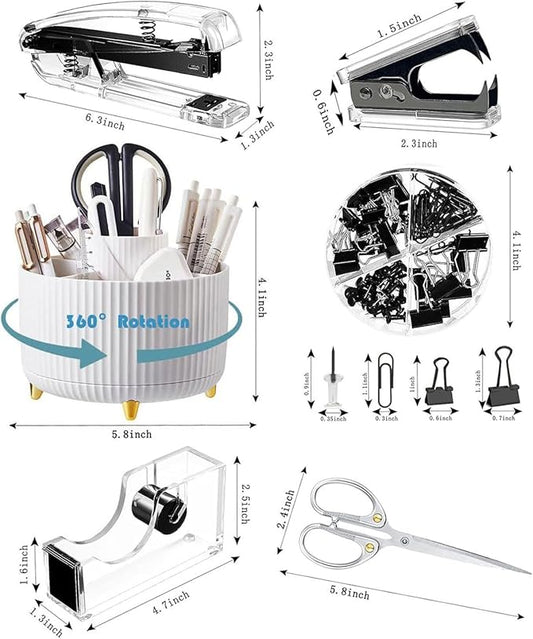 Desk Organizers and Accessories Set with 360-Degree Rotating Pen Holder, Acrylic Stapler, Tape Holder, Staple Remover, Binder/Paper Clips Kit, Scissor and 1 Box of Staples