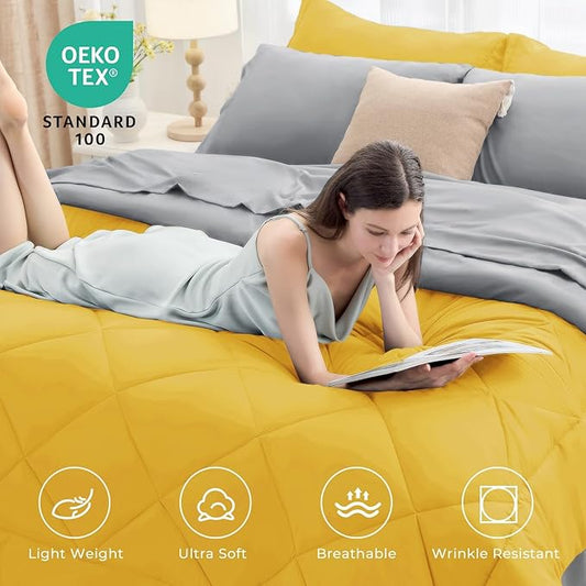 HEVUMYI Full Comforter Set - 7-Piece All Season Bed in a Bag Full, Ultra Soft Bedding Set with Comforter, Flat Sheet, Fitted Sheet, Pillowcases, Pillow Shams, Yellow & Light Grey