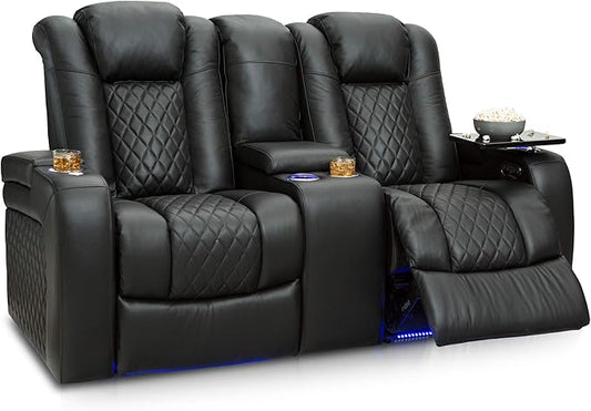 Seatcraft Anthem Home Theater Seating - Italian Leather - Power Recline Loveseat - Center Storage Console - Powered Headrests - Arm Storage - USB Charging - Cup Holders, Black