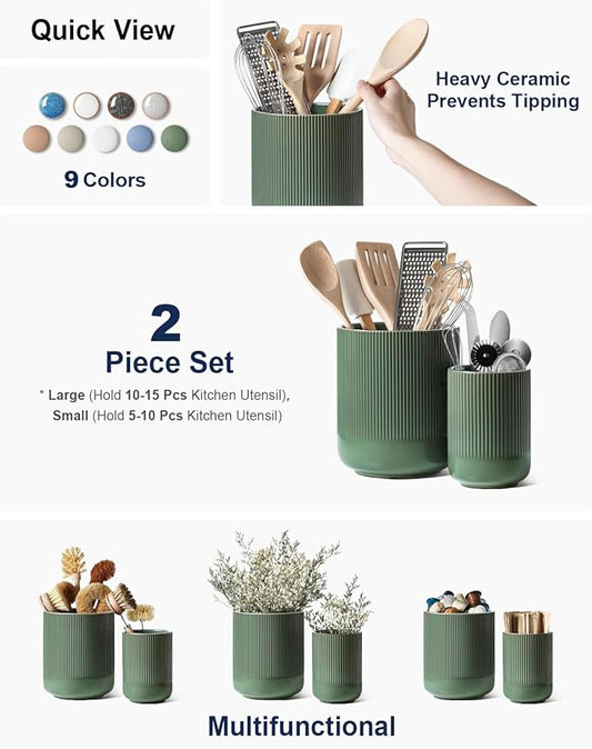 LE TAUCI Utensil Holder, 7.3"+5.4" Ceramic Kitchen Utensil Holder for Countertop, Large Cooking Utensil Crocks for Kitchen Counter, Modern Utensil Organizer for Spatula, Set of 2, Forest Green