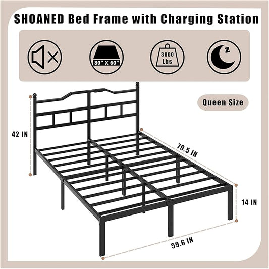 Bed Frame with Charging Station - 14 Inch Queen Size Heavy Duty Metal Bedframe with Headboard Black Basic Steel Slats Platform No Box Spring Needed