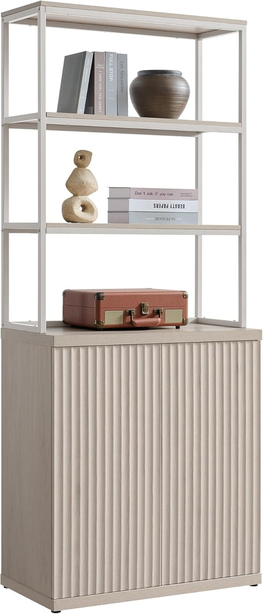 SICOTAS Book Shelf Fluted Bookshelf Cabinet - 75" Tall Bookcase 6 Tier Large Bookshelves with Doors Storage Modern Wide Book Shelves Case for Living Room Home Office Library, Metal Frame, White Alder