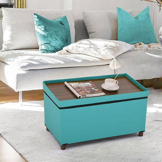 Ottoman Storage Bench for Living Room with Tray, Bedroom Foot Stool, Coffee Table Lid, End of Bed Faxu Leather 30" Inch (L-Green)