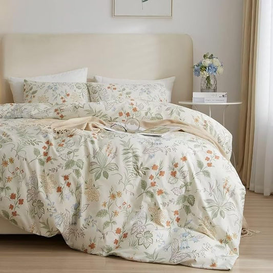 MKXI Queen Comforter Set Cute Green Floral Bedding Comforter Set White Printed Reversible Soft Comforter Garden Style