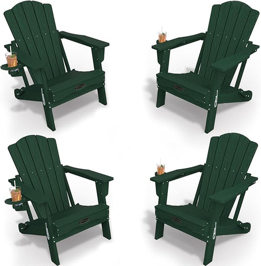 Adirondack Chair Set of 4, Folding All-Weather Outdoor HDPE Patio Chair with Cup Holder, Green