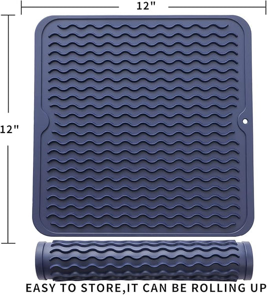 Silicone Dish Drying Mat for Multiple Usage,Easy clean,Eco-friendly,Heat-resistant Silicone Mat for Kitchen Counter or Sink,Refrigerator or Drawer liner Navy Blue M 12 inches x 12 inches