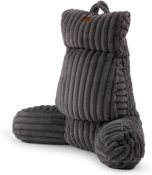 Amélie Home Faux Fur Reading Pillow with Pocket for Sitting in Bed, Adult Backrest Bed Pillow with Washable Cover for Lounging, Study & Relaxing, Grey 29 inches