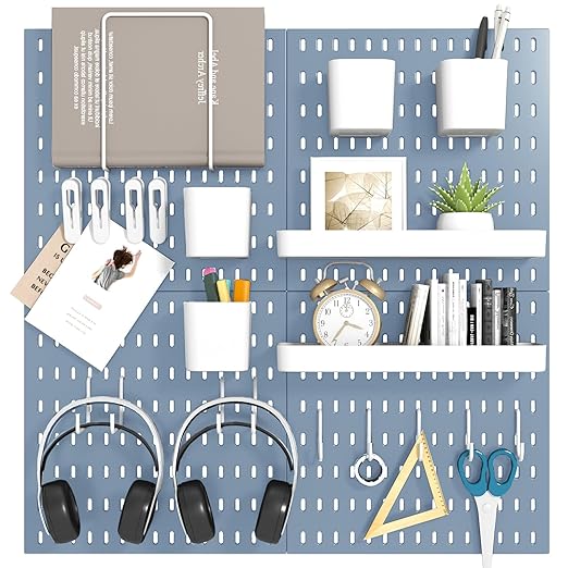 Peg Board Combination Kit, 4 Pegboards with 20 Accessories, Pegboard Wall Organizer for Office, Nursery & Home Storage, Key Holder, 25.6"x25.6" – Nail-Free Installation(Blue)