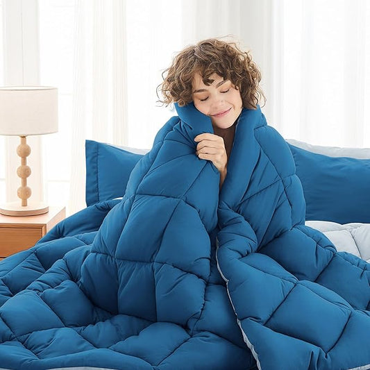 MUXHOMO 5 Pieces Twin Comforter Set, Reversible Bed in a Bag Twin Size, All Season Bedding Set with Comforter, Flat Sheet, Fitted Sheet, Pillowcases & Shams, Teal & Lake Blue