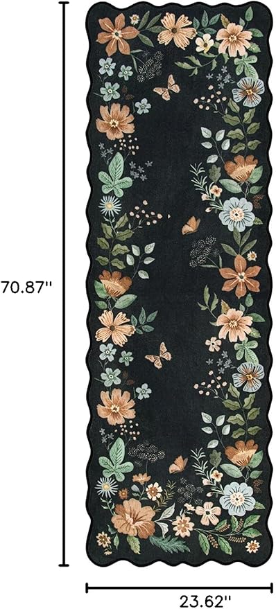 Lahome Floral Kitchen Runner, 2X6 Washable Runner Rug Non Slip Ultra-Thin, Soft Hallway Rug Stain Resistant Boho Small Low-Pile Carpet for Laundry Bathroom Bedroom(2x6ft,Black/Grey)