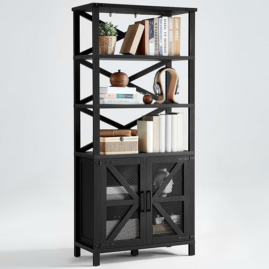 5 Tier Bookshelf 70" Tall Bookcase with Barn Doors,Large Farmhouse Display Book Shelf with Adjustable Shelves and Storage Cabinet,Library Wood Bookshelves for Living Room,Kitchen,Antique Black
