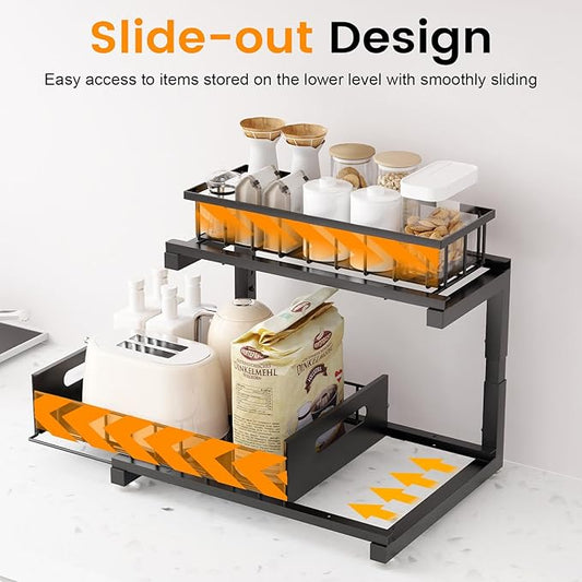 2 Pack Under Sink Organizer, Heavy Duty Metal Slide Out Sink Shelf Organizer Height Adjustable, Multi-Purpose Storage Shelf for Kitchen Bathroom (Black,2Pack)
