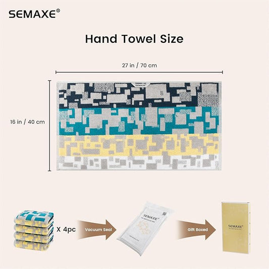 SEMAXE Hand Towels for Bathroom, 100% Cotton Towels with Hanging Loops, Soft and Absorbent, 4 Pack Hand Towel Set for Gym, Shower, Hotel and Spa, Decorative Checkered Towel
